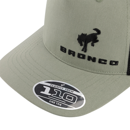 Green cap with black 'Bronco' logo and Flexfit label on a white background