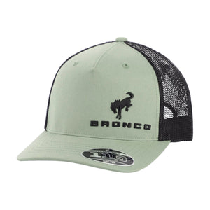 Green trucker cap with black mesh back and bronco logo on a white background