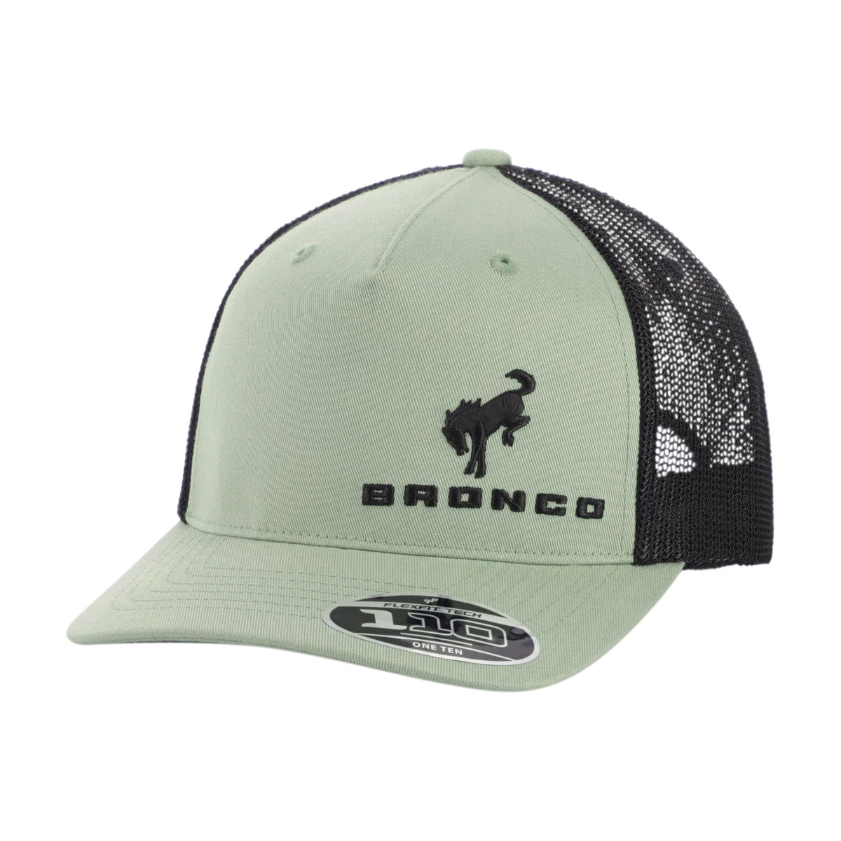Green trucker cap with black mesh back and bronco logo on a white background