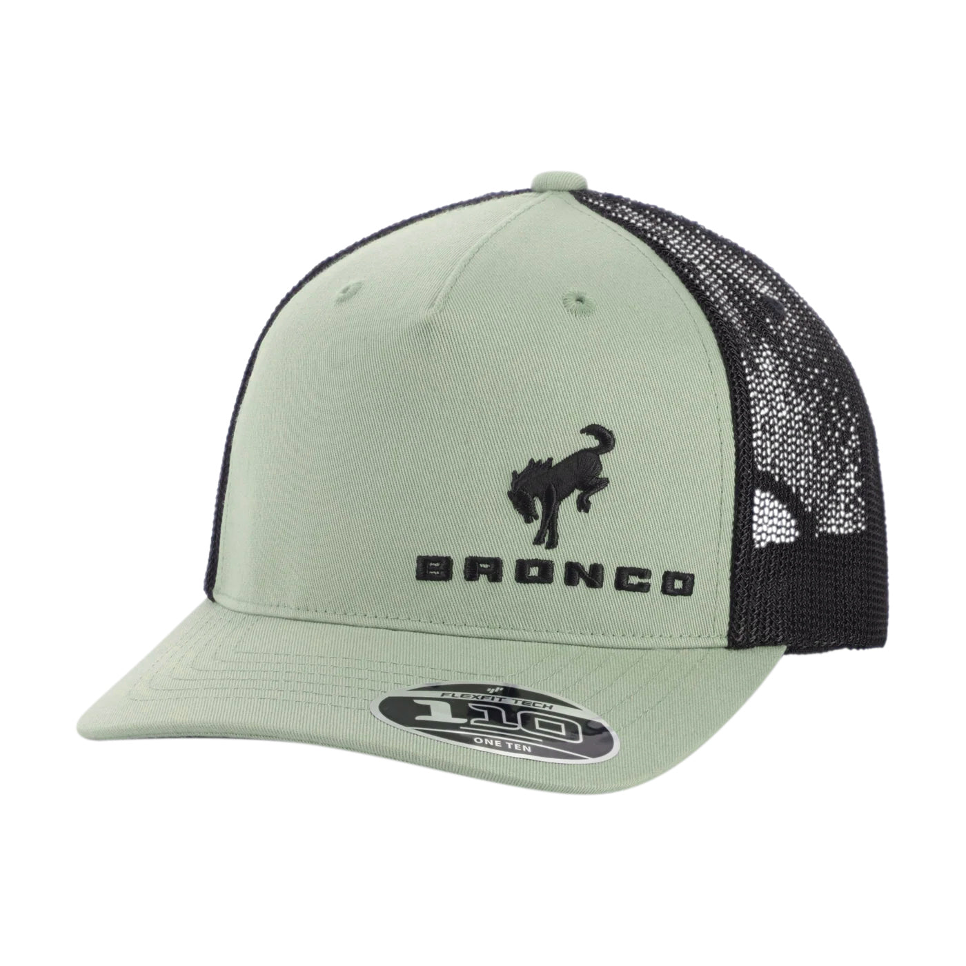 Green trucker cap with black mesh back and bronco logo on a white background