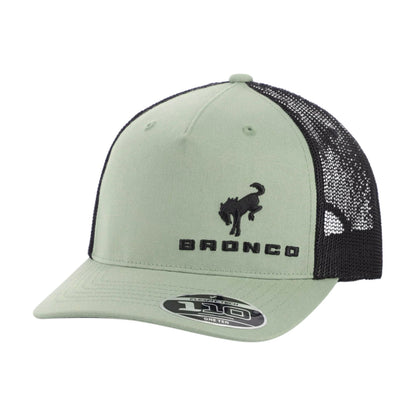 Green trucker cap with black mesh back and bronco logo on a white background
