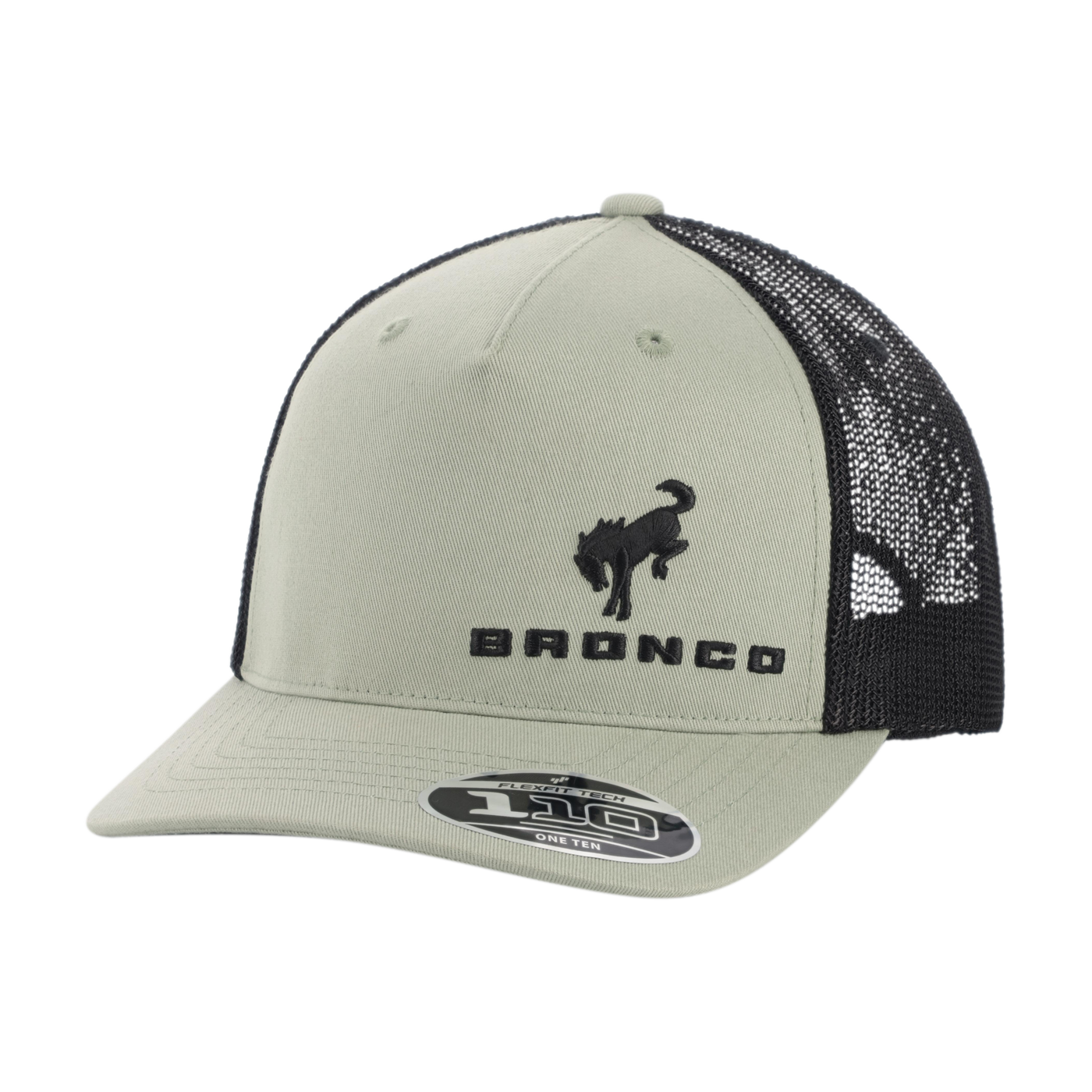 Beige trucker cap with black mesh back and bronco logo on a white background