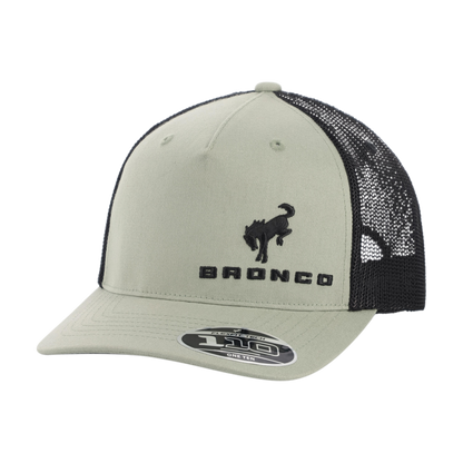 Beige trucker cap with black mesh back and bronco logo on a white background