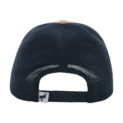 Navy blue cap with mesh back and brand logo on a white background
