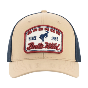Beige and navy cap with a bronco logo and text on a white background