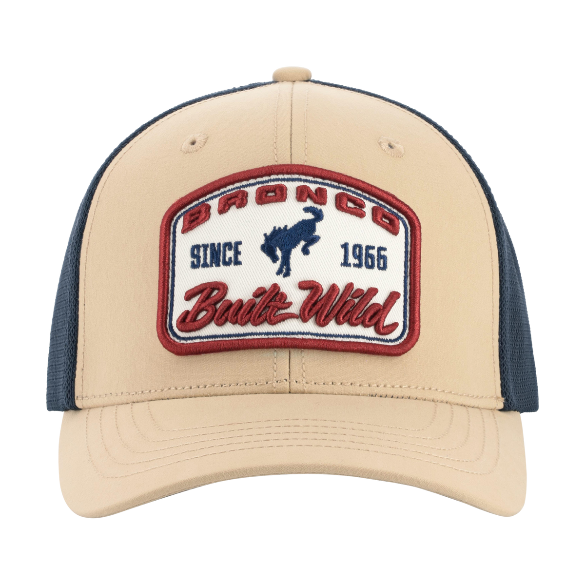 Beige and navy cap with a bronco logo and text on a white background