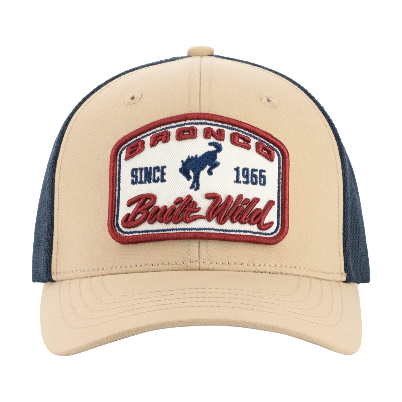 Beige and navy cap with a bronco logo and text on a white background