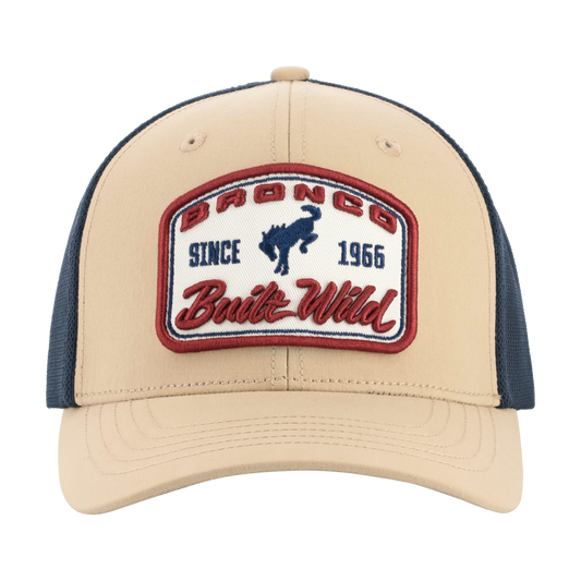 Beige and navy cap with a bronco logo and text on a white background