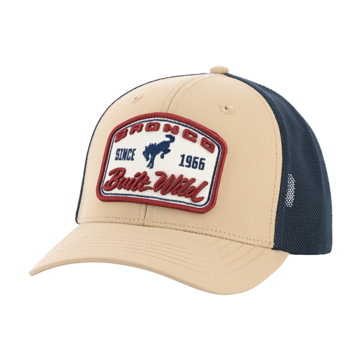 Beige and navy cap with a brand patch on a white background