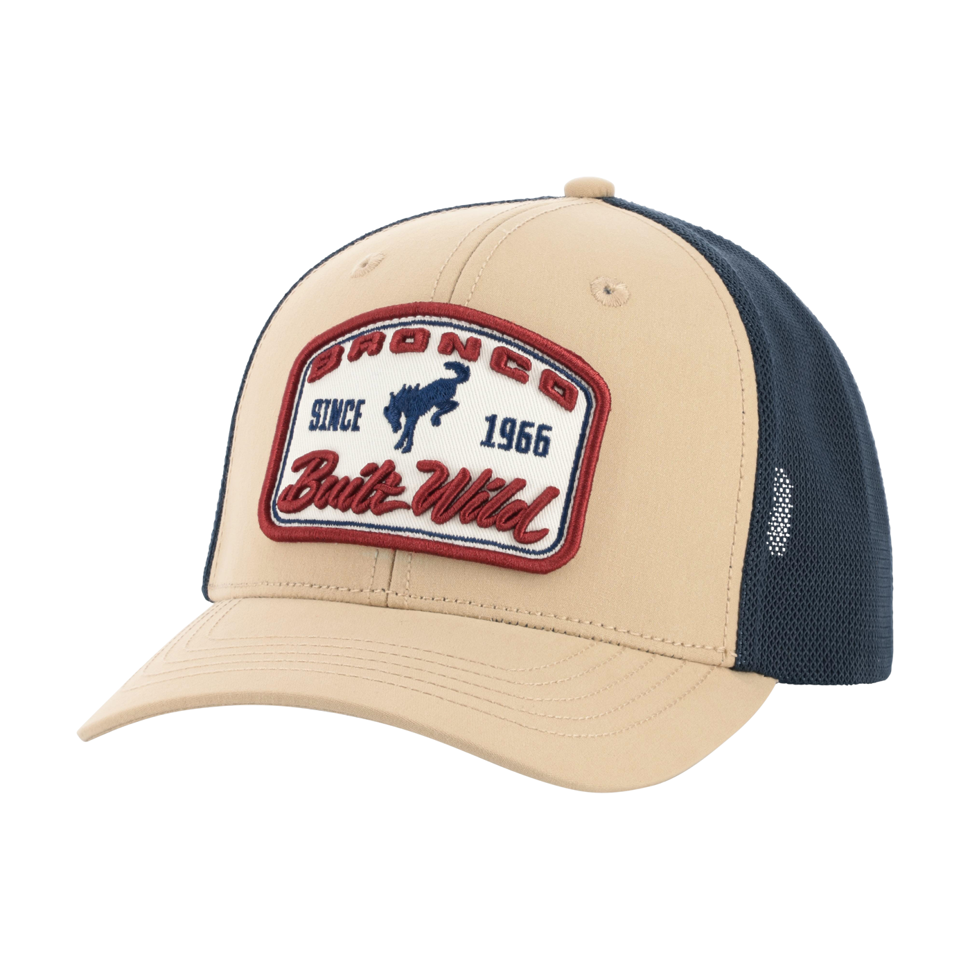 Beige and navy cap with a brand patch on a white background