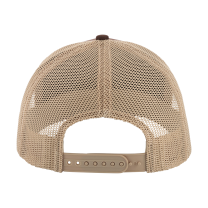 Beige mesh cap with brown brim on a white background
