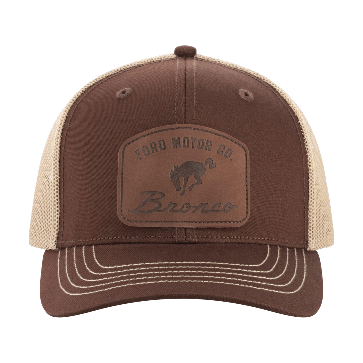 Brown and beige trucker hat with Ford Motor Co. Bronco logo on a white background