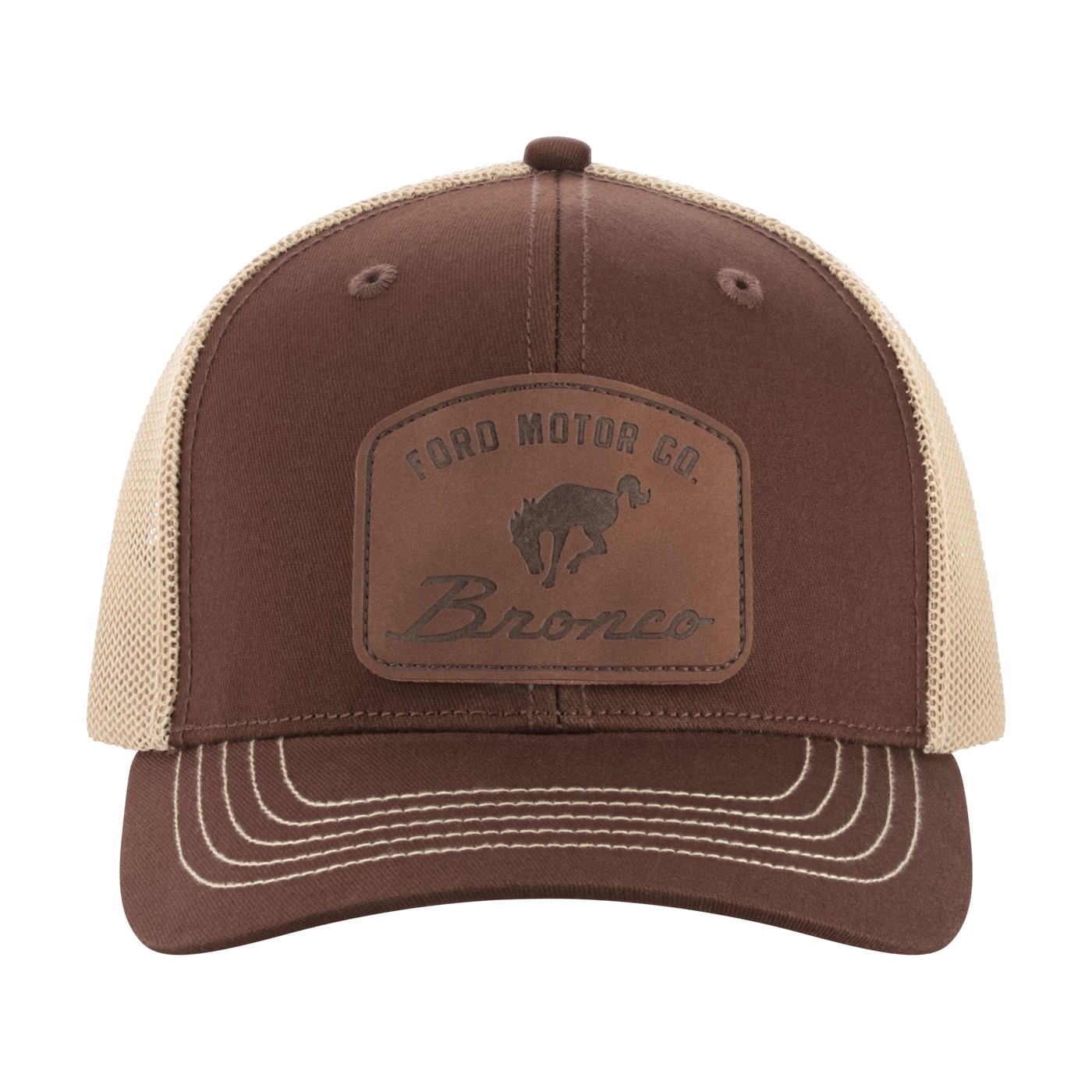 Brown and beige trucker hat with Ford Motor Co. Bronco logo on a white background