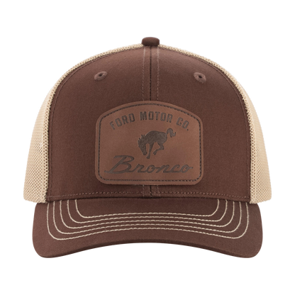 Brown and beige trucker hat with Ford Motor Co. Bronco logo on a white background