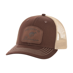 Brown and beige trucker cap with a Bronco logo on a white background