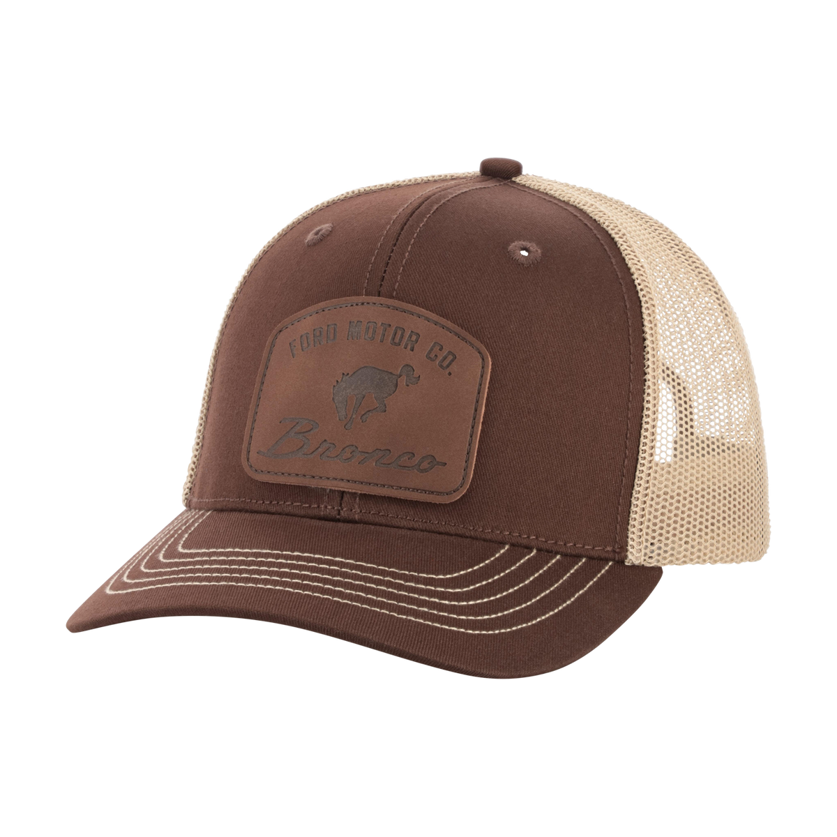 Brown and beige trucker cap with a Bronco logo on a white background