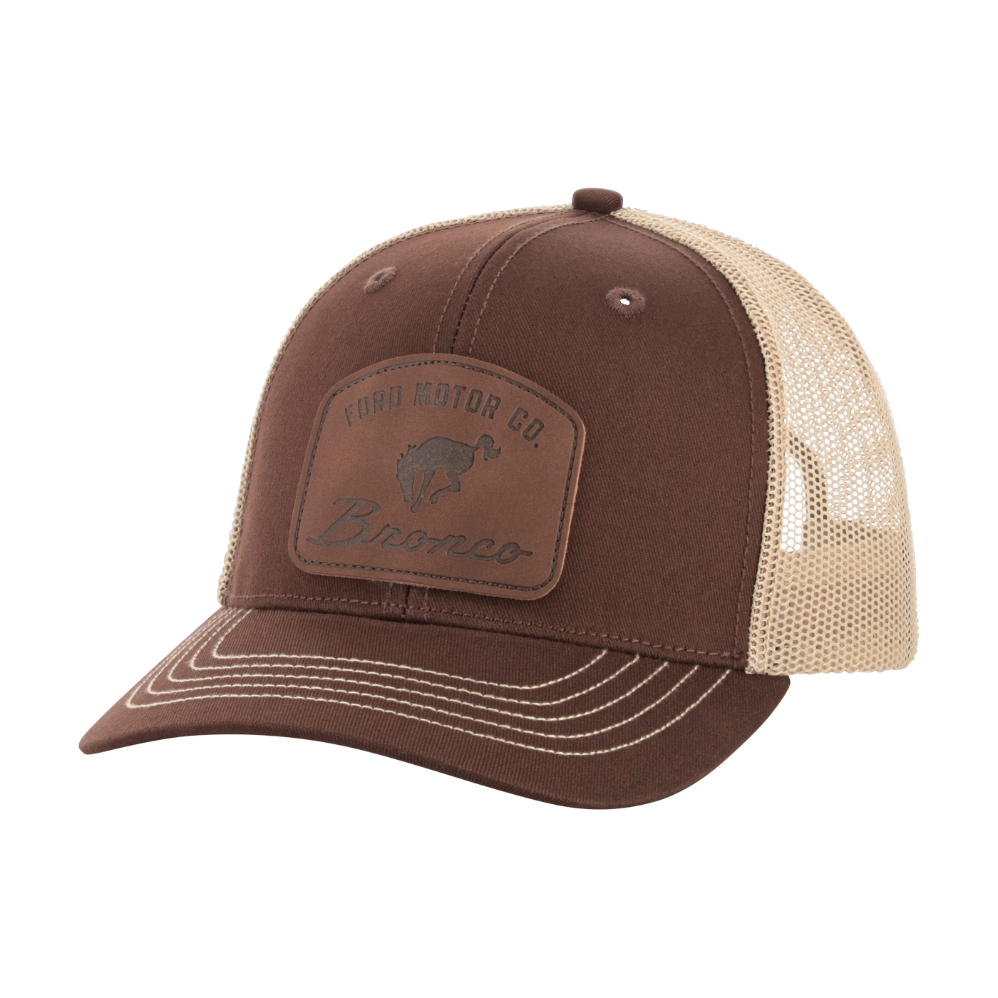 Brown and beige trucker cap with a Bronco logo on a white background