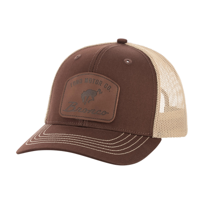 Brown and beige trucker cap with a Bronco logo on a white background