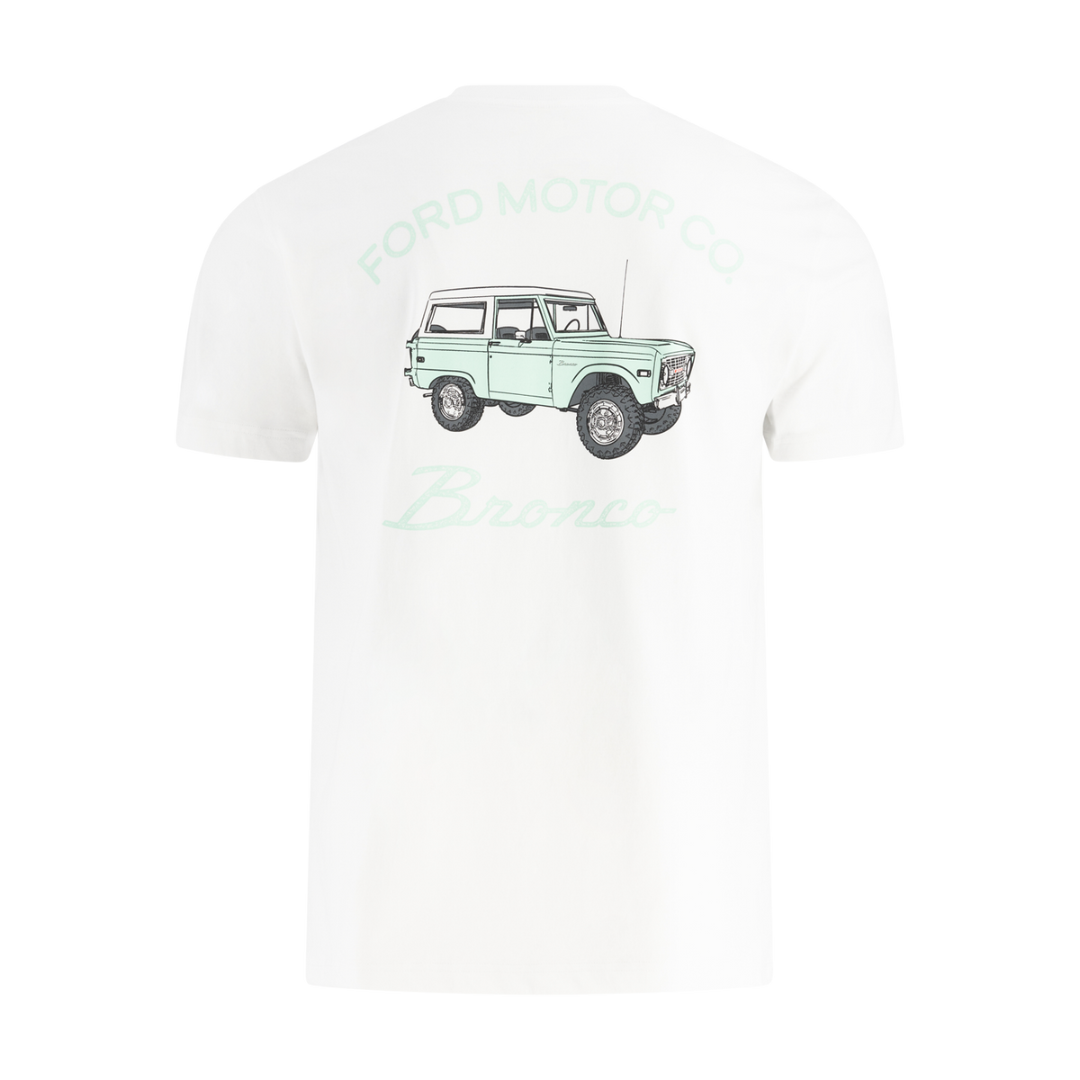 White t-shirt with a green graphic of a vintage Bronco truck on a white background