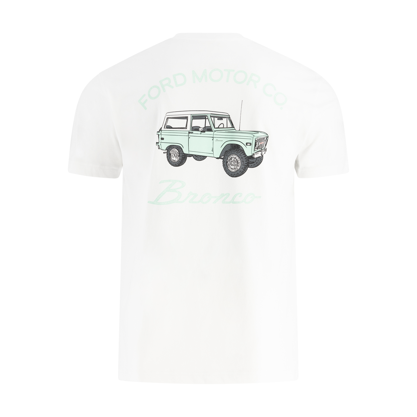 White t-shirt with a green graphic of a vintage Bronco truck on a white background