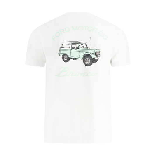 White t-shirt with a green graphic of a vintage Bronco truck on a white background