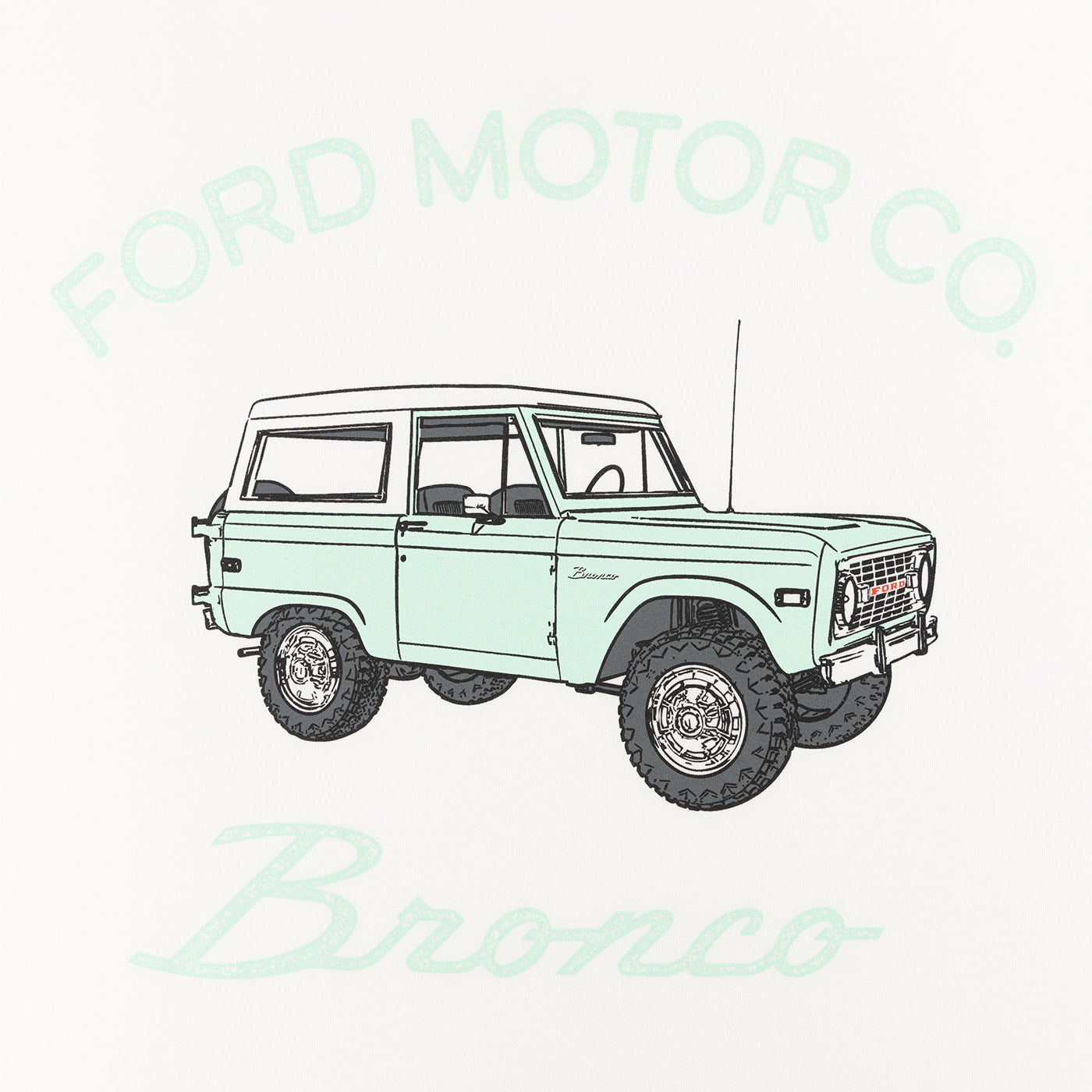 Line drawing of a vintage Ford Bronco on a white background with 'Ford Motor Co.' text.