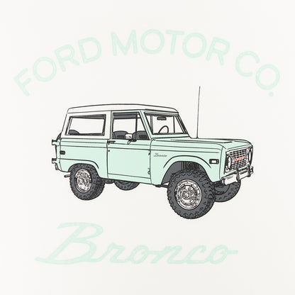 Line drawing of a vintage Ford Bronco on a white background with 'Ford Motor Co.' text.