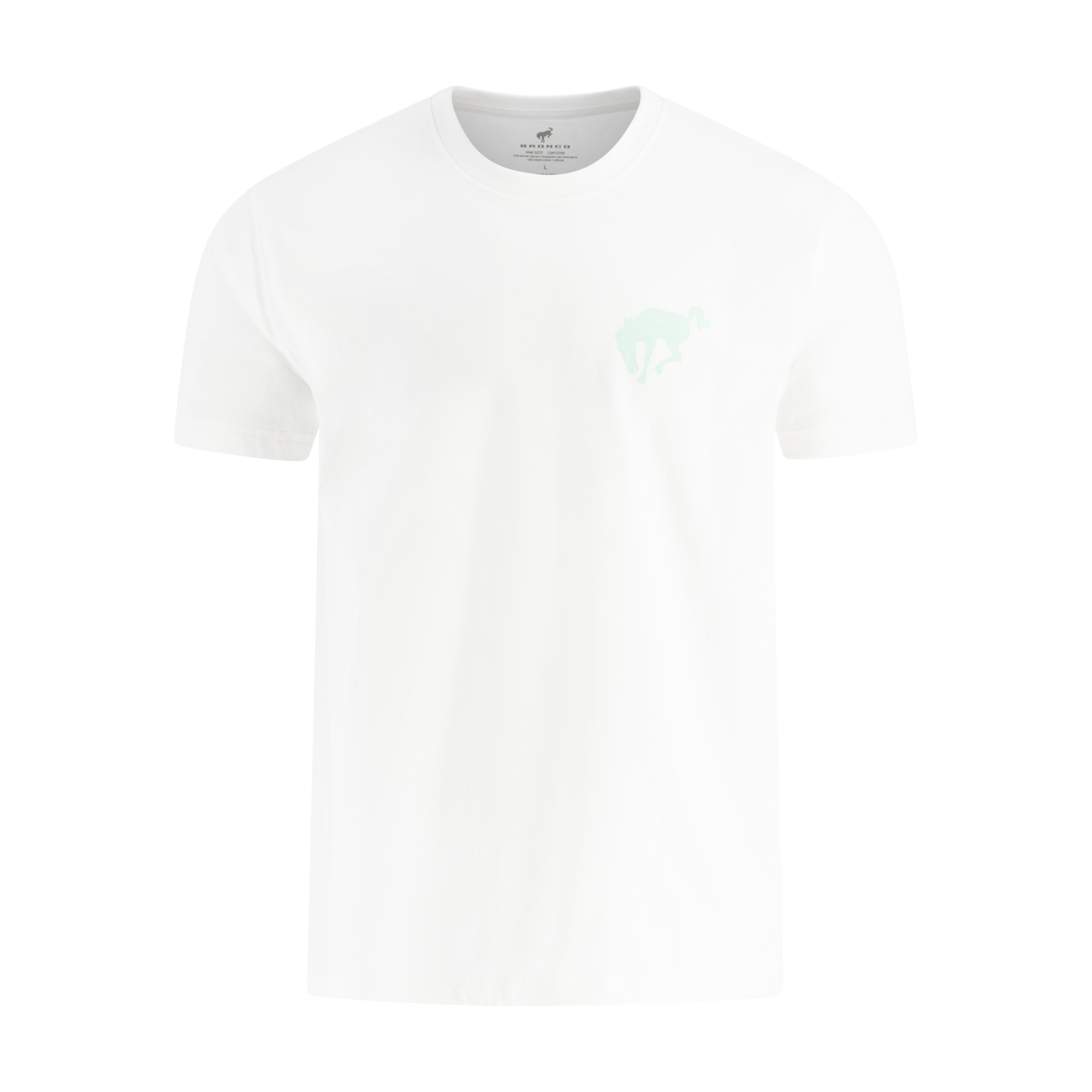 White t-shirt with a small green Bronco logo on a white background
