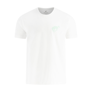 White t-shirt with a small green Bronco logo on a white background
