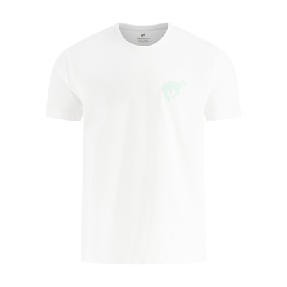 White t-shirt with a small green Bronco logo on a white background