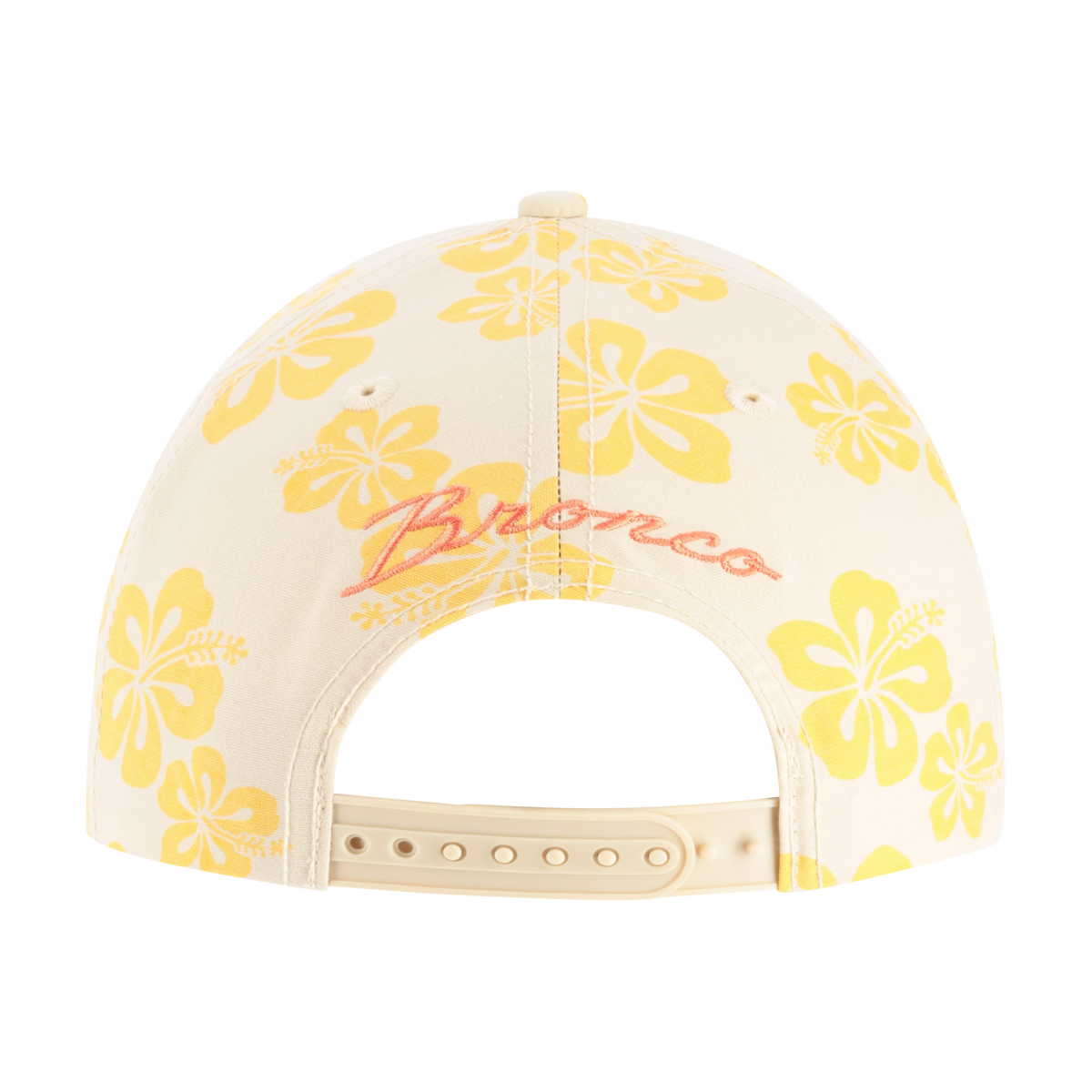 Cap with yellow floral patterns and 'Bronco' branding on a white background