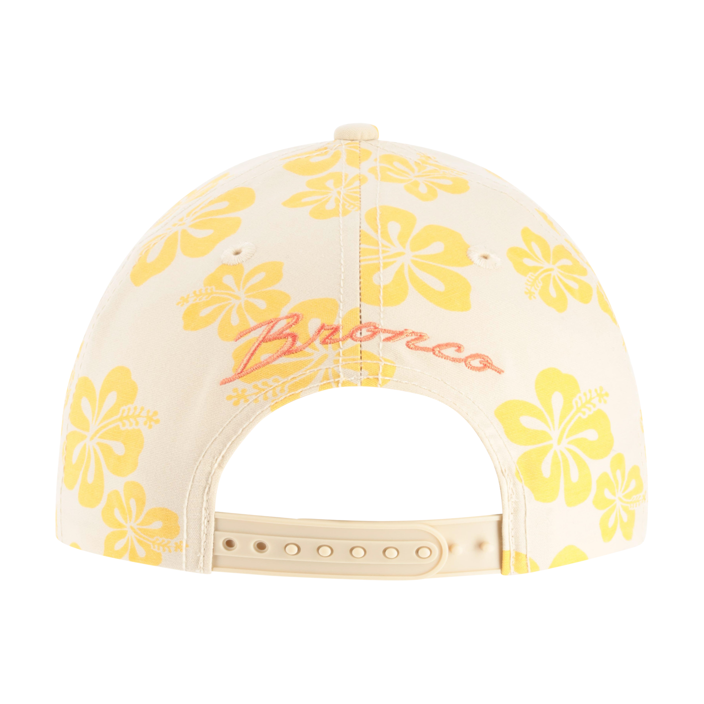 Cap with yellow floral patterns and 'Bronco' branding on a white background