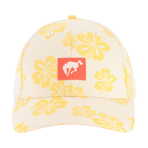 Cap with yellow floral pattern and red Bronco logo on a white background