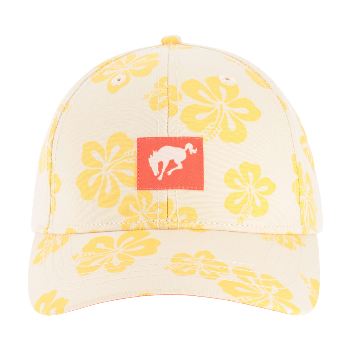 Cap with yellow floral pattern and red Bronco logo on a white background