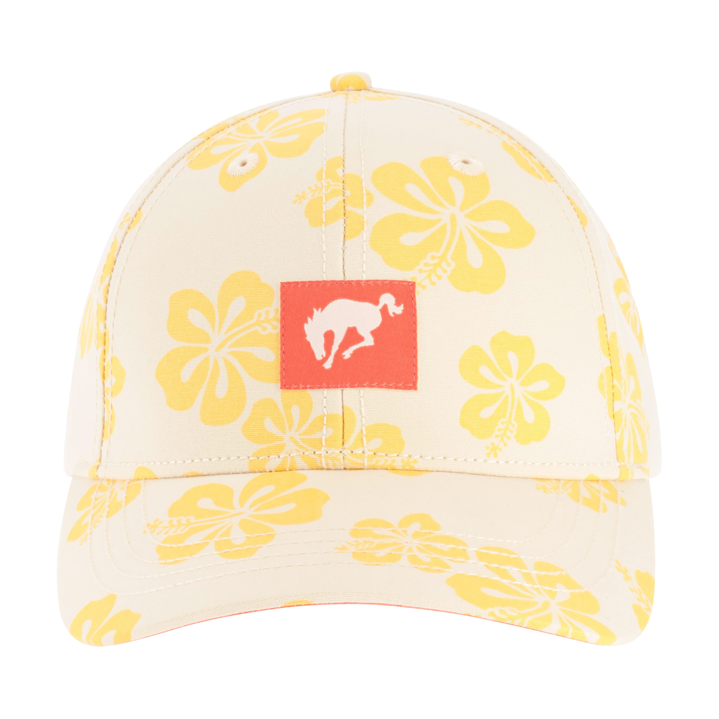 Cap with yellow floral pattern and red Bronco logo on a white background