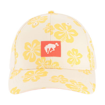 Cap with yellow floral pattern and red Bronco logo on a white background