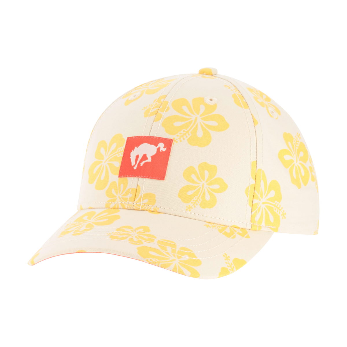 Beige cap with yellow floral patterns and a red Bronco logo on a white background