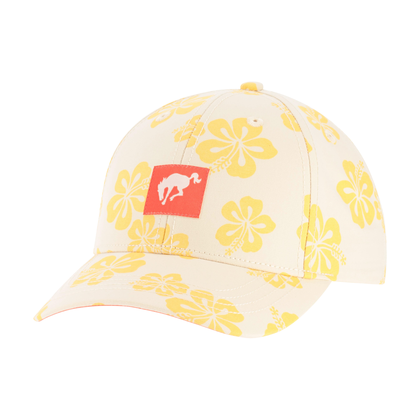 Beige cap with yellow floral patterns and a red Bronco logo on a white background