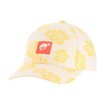 Beige cap with yellow floral patterns and a red Bronco logo on a white background