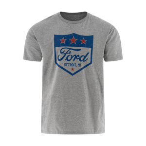 Gray t-shirt with Ford logo featuring stars on a white background