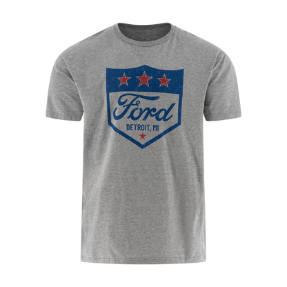 Gray t-shirt with Ford logo featuring stars on a white background