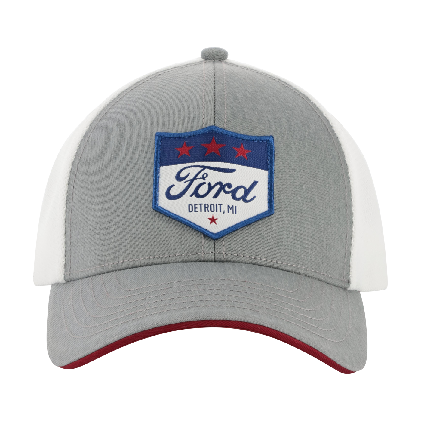 Gray and white cap with Ford logo on a white background
