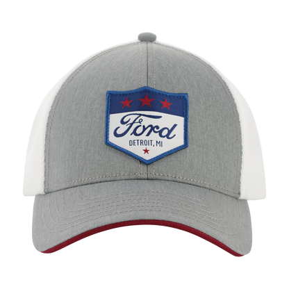 Gray and white cap with Ford logo on a white background