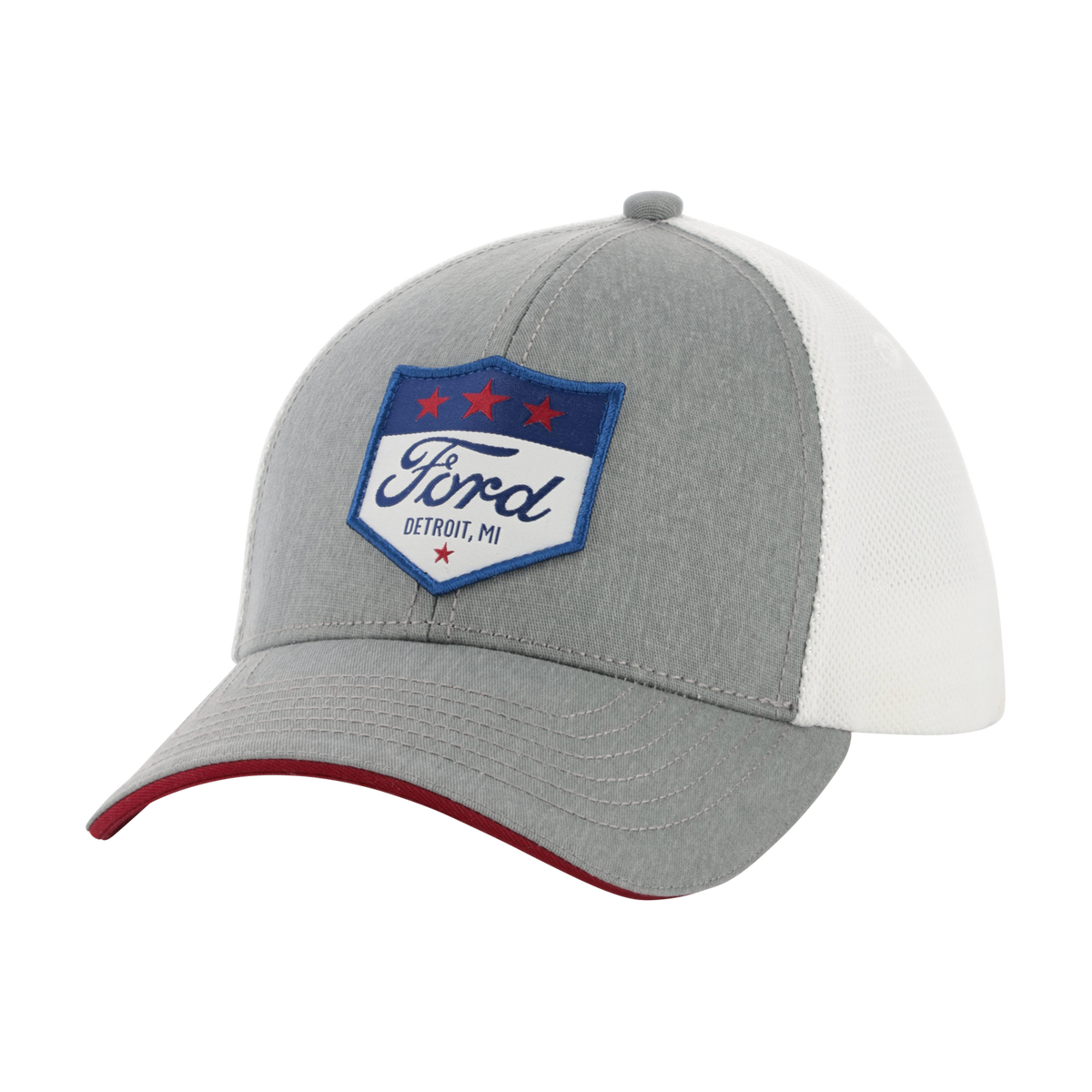 Gray and white cap with Ford logo on a white background