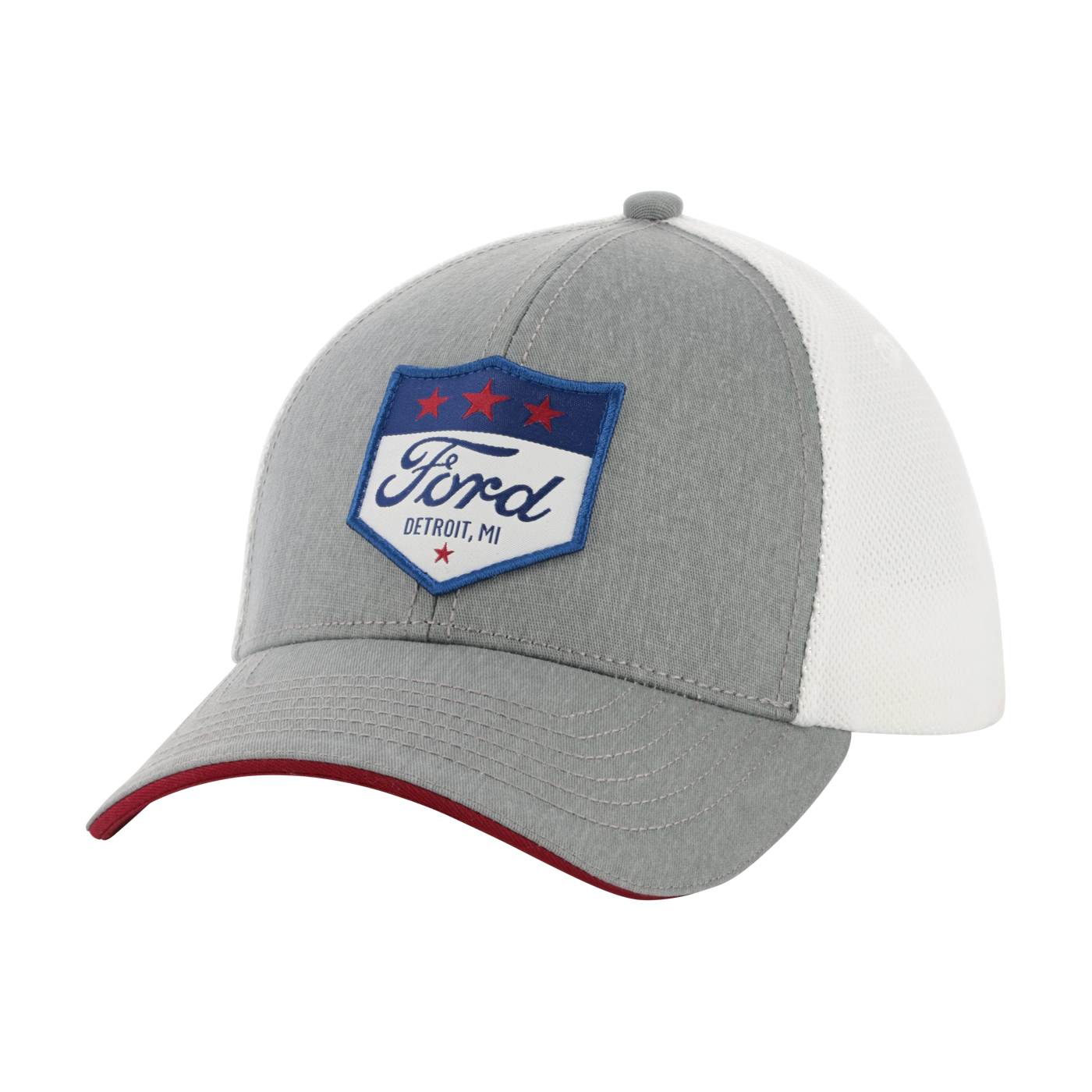 Gray and white cap with Ford logo on a white background