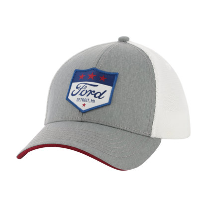 Gray and white cap with Ford logo on a white background