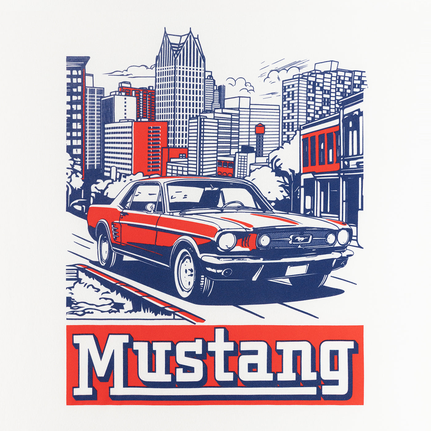 Vintage Mustang car in front of a cityscape with 'Mustang' text