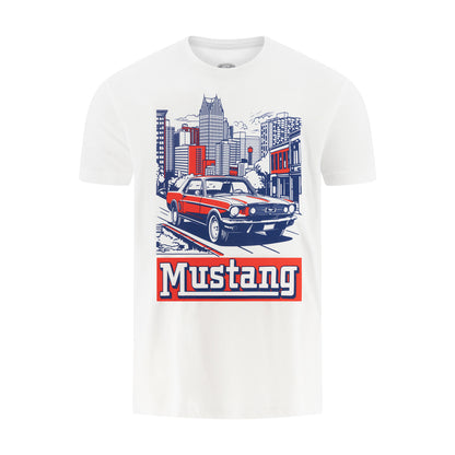White t-shirt with a graphic of a car and 'Mustang' text on a white background