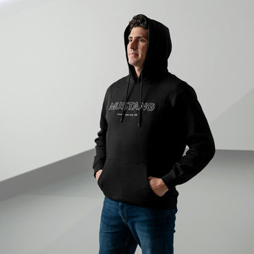 Person wearing a black hoodie with 'Mustang' logo on a gray background