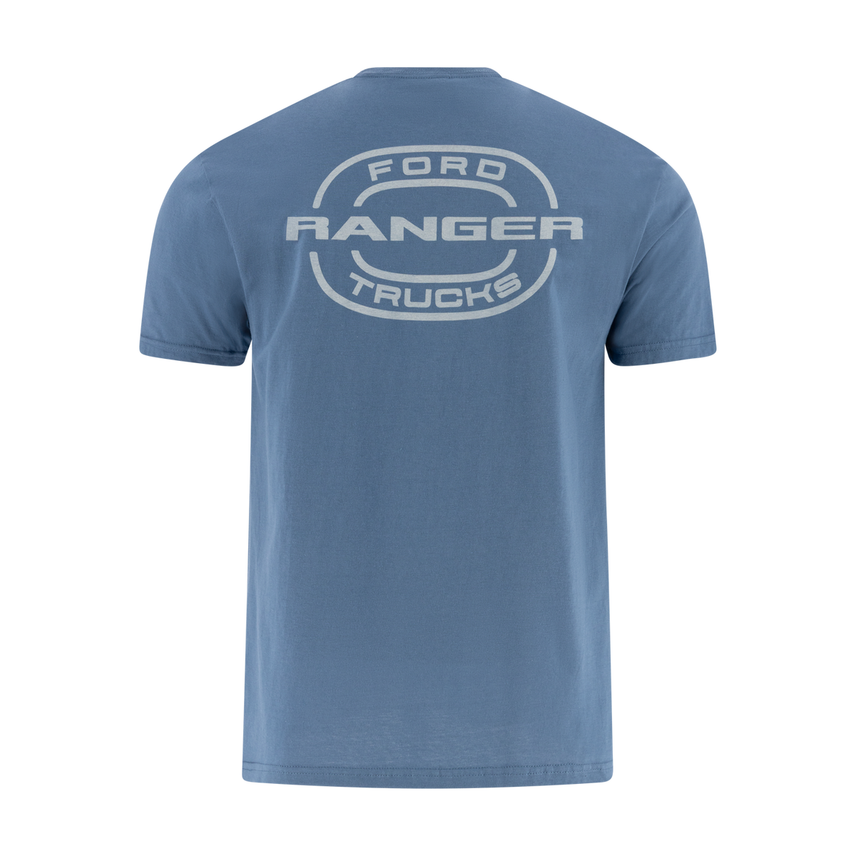 Blue t-shirt with 'Ford Ranger Trucks' logo on the back against a white background